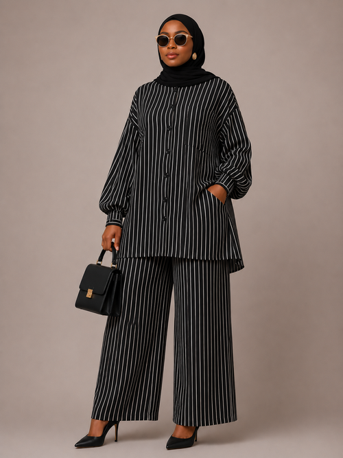 Black Pinstripe Button-Front Top & Pants Set