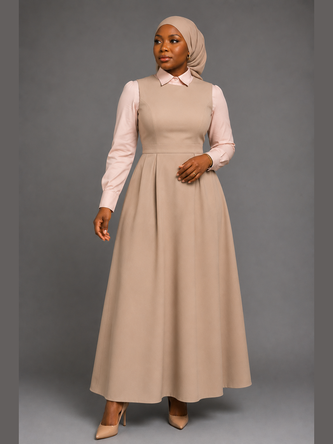 Layered Pinafore Dress - Beige