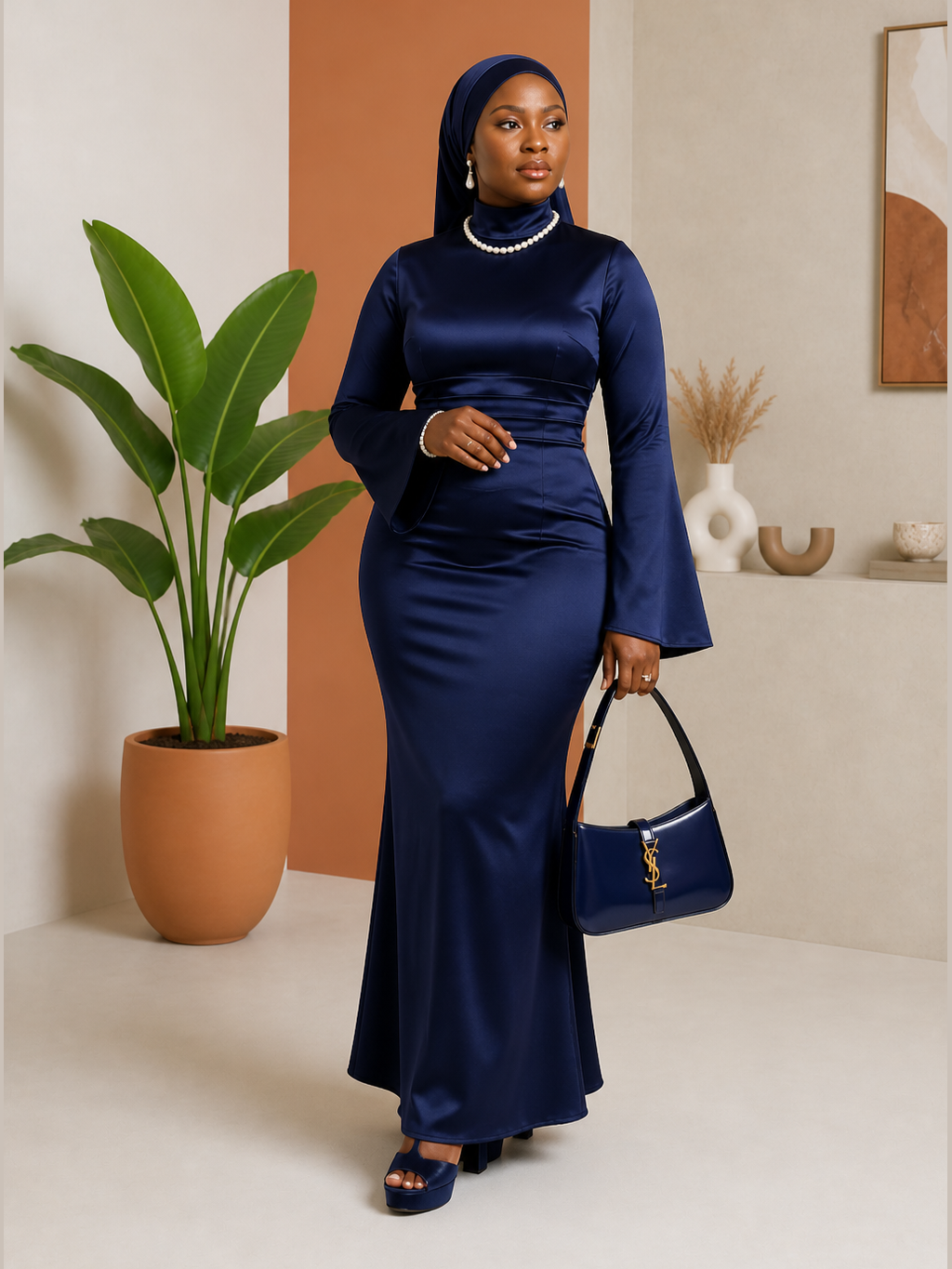 Satin Bell-Sleeve Fitted Maxi Dress 2