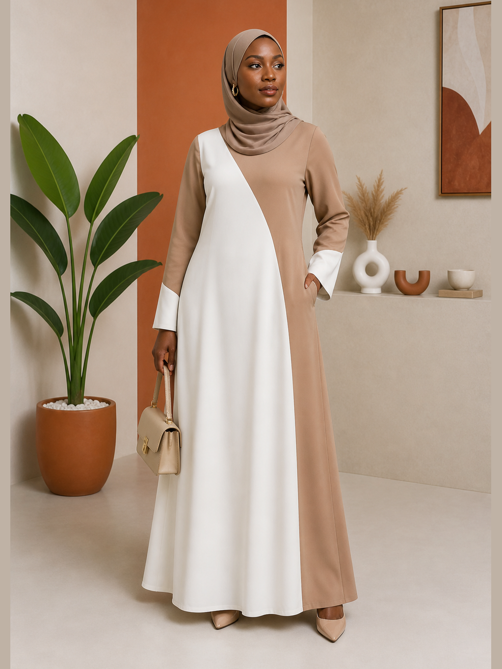 Diagonal Colour-Block A-Line Abaya