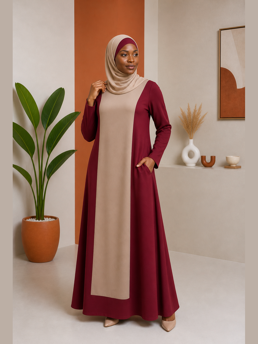 Diagonal Colour-Block A-Line Abaya 2