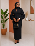 Peplum Balloon-Sleeve Maxi Dress