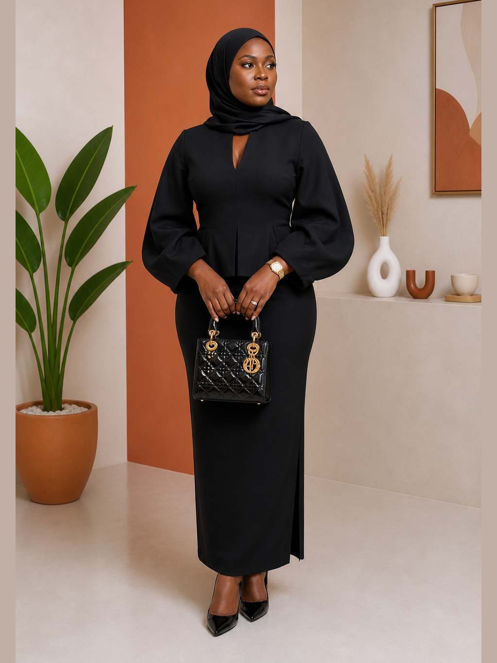 Peplum Balloon-Sleeve Maxi Dress