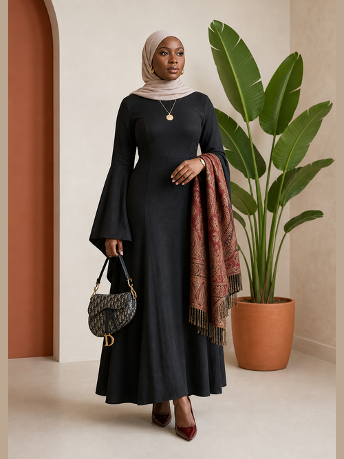 Bell-Sleeve Linen-Look Maxi Dress 2