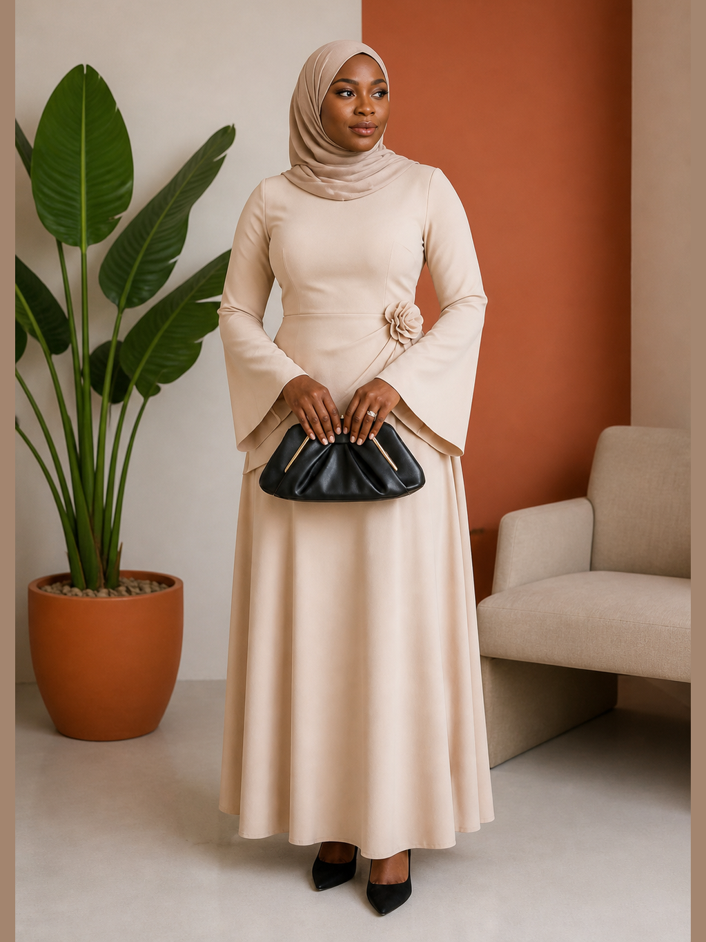 Rose-Brooch Bell-Sleeve A-Line Dress