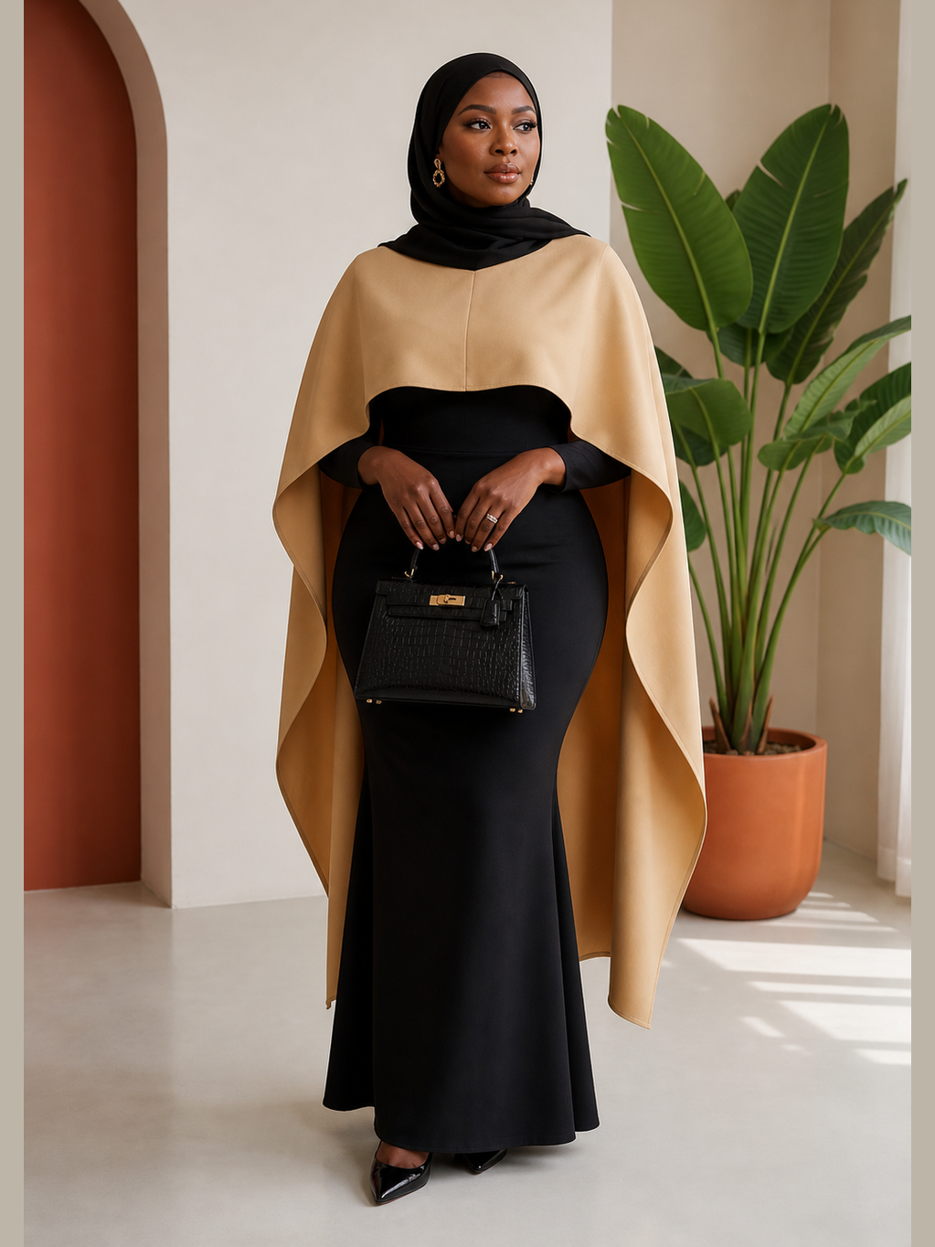 Contrast Cape-Top Mermaid Dress
