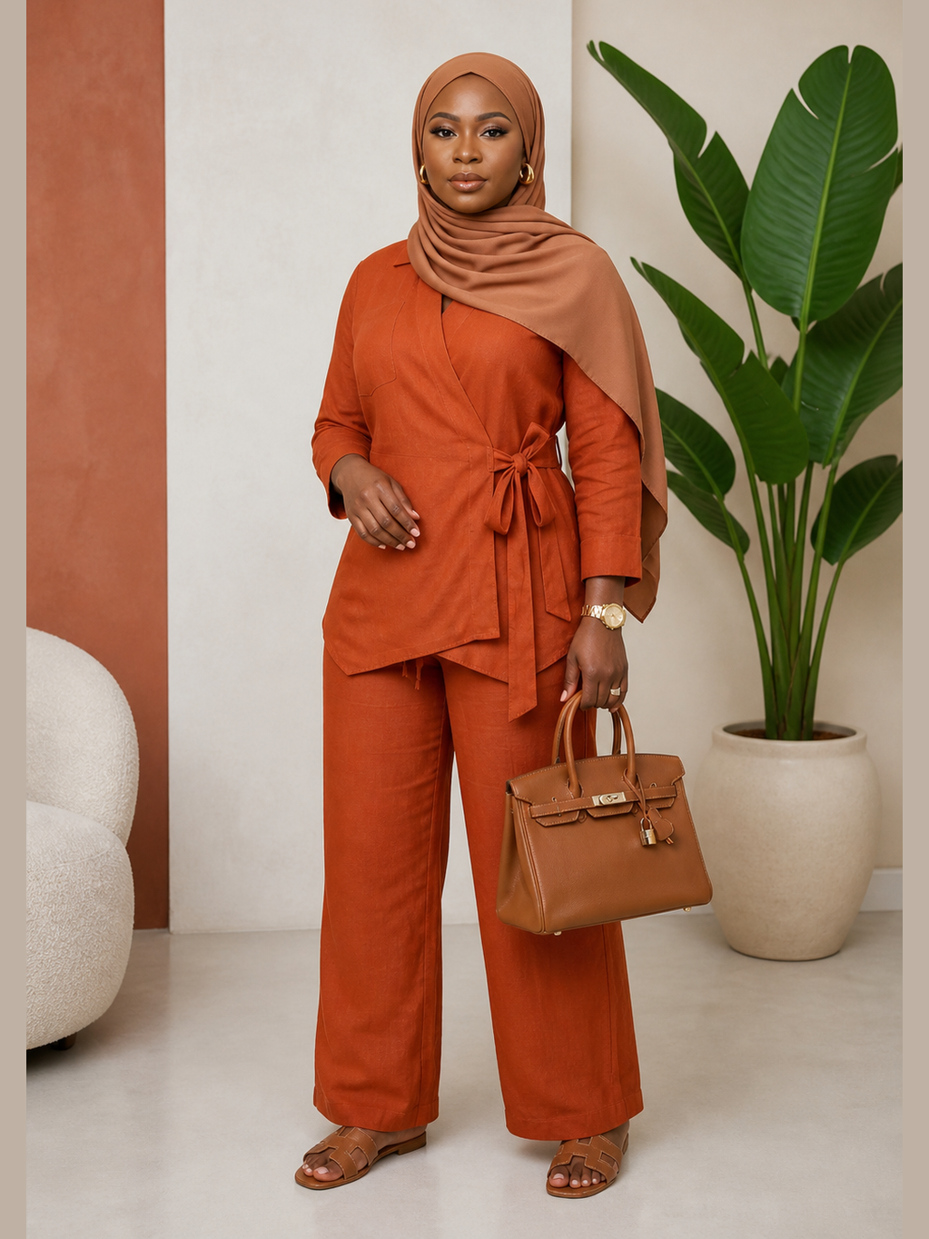 Linen Wrap-Front Tie-Waist Wide-Leg Co-ord