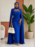 Cape-Sleeve Ruched Mermaid Evening Gown