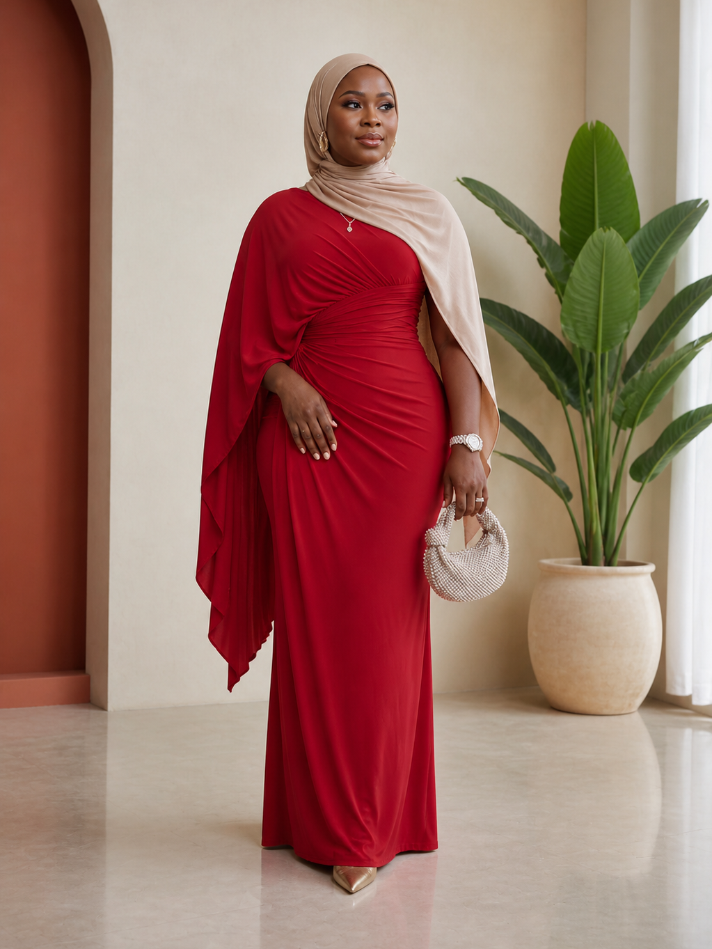 Cape-Sleeve Ruched Mermaid Evening Gown 2
