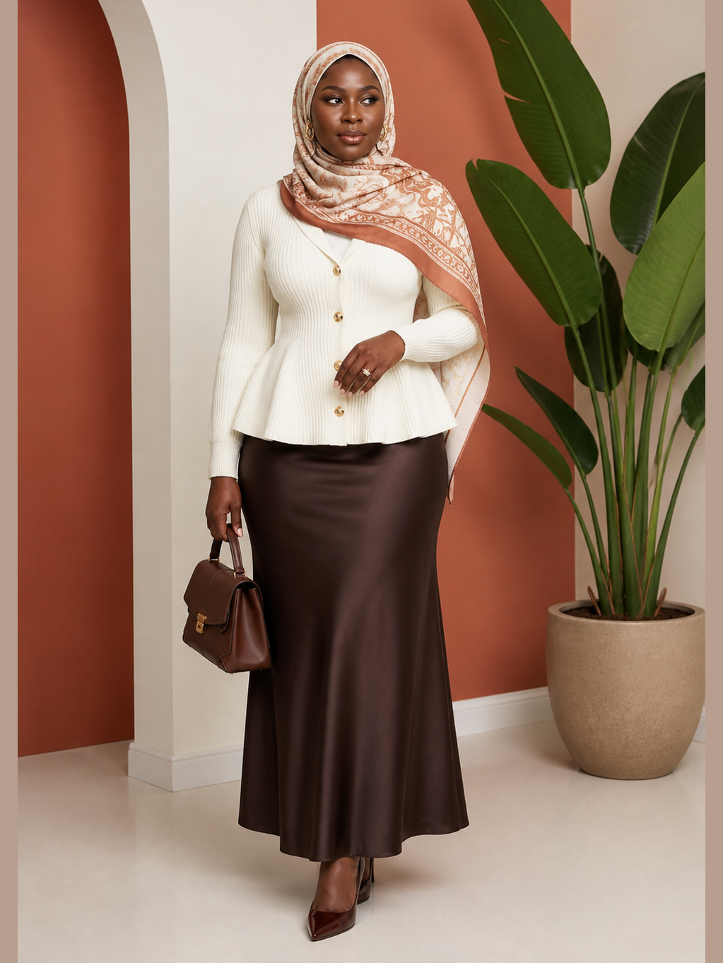 Ribbed Peplum Cardigan & Satin Maxi Skirt Set