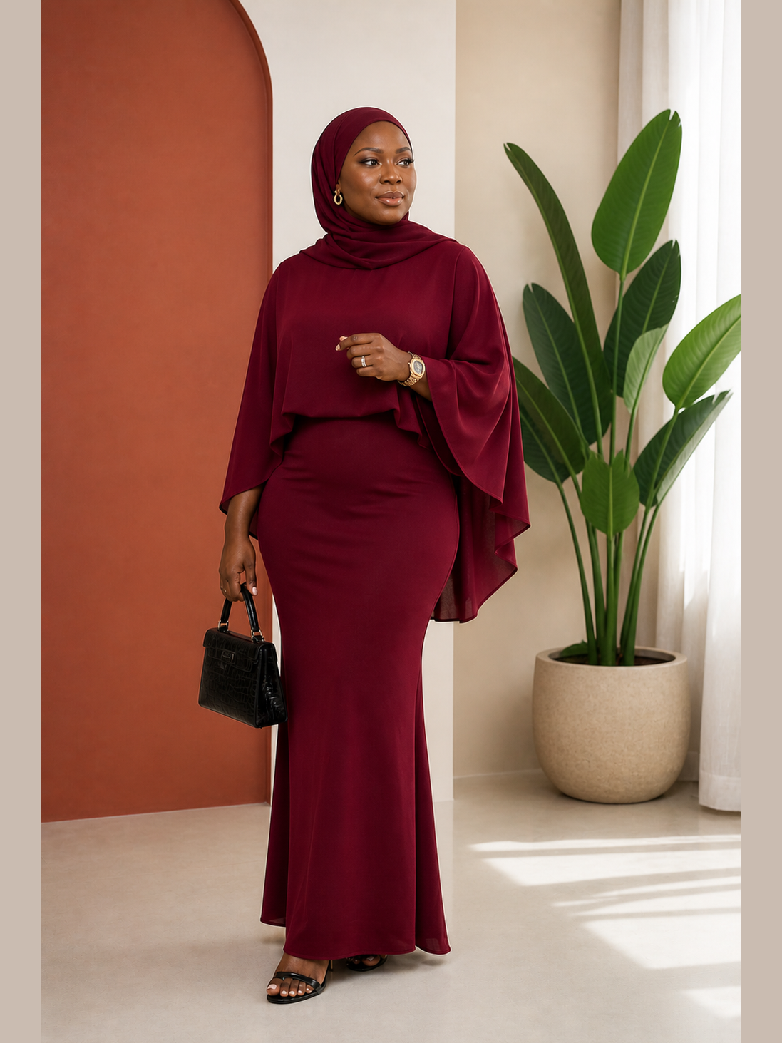 Cape-Sleeve Bodycon Mermaid Maxi Dress 2