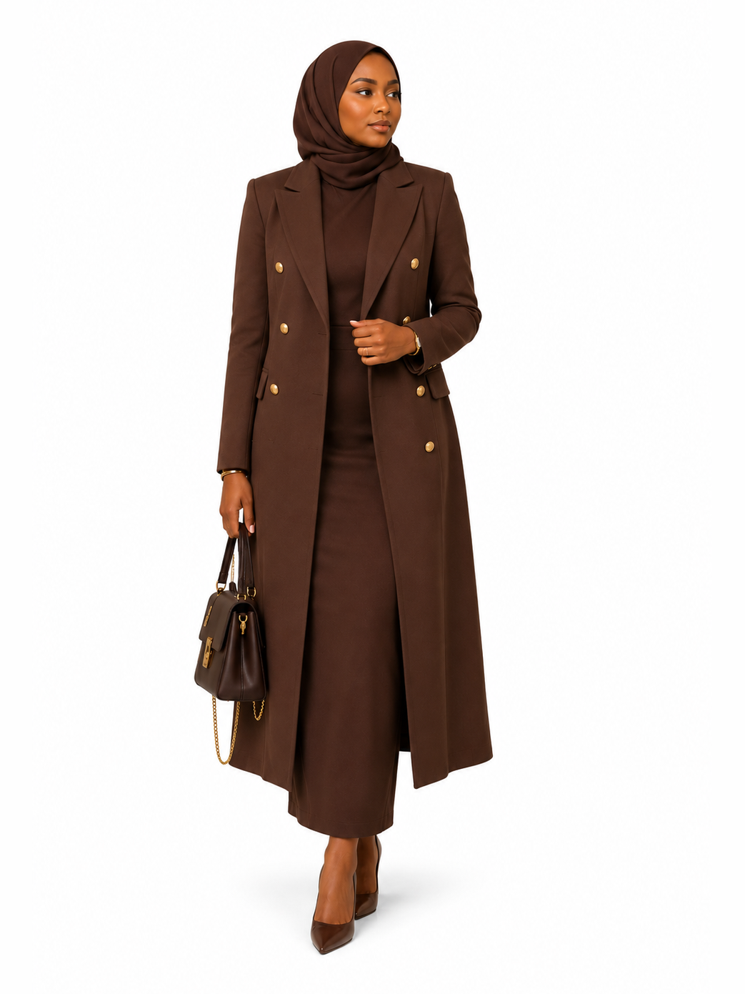 Long Double-Breasted Blazer Dress - Brown