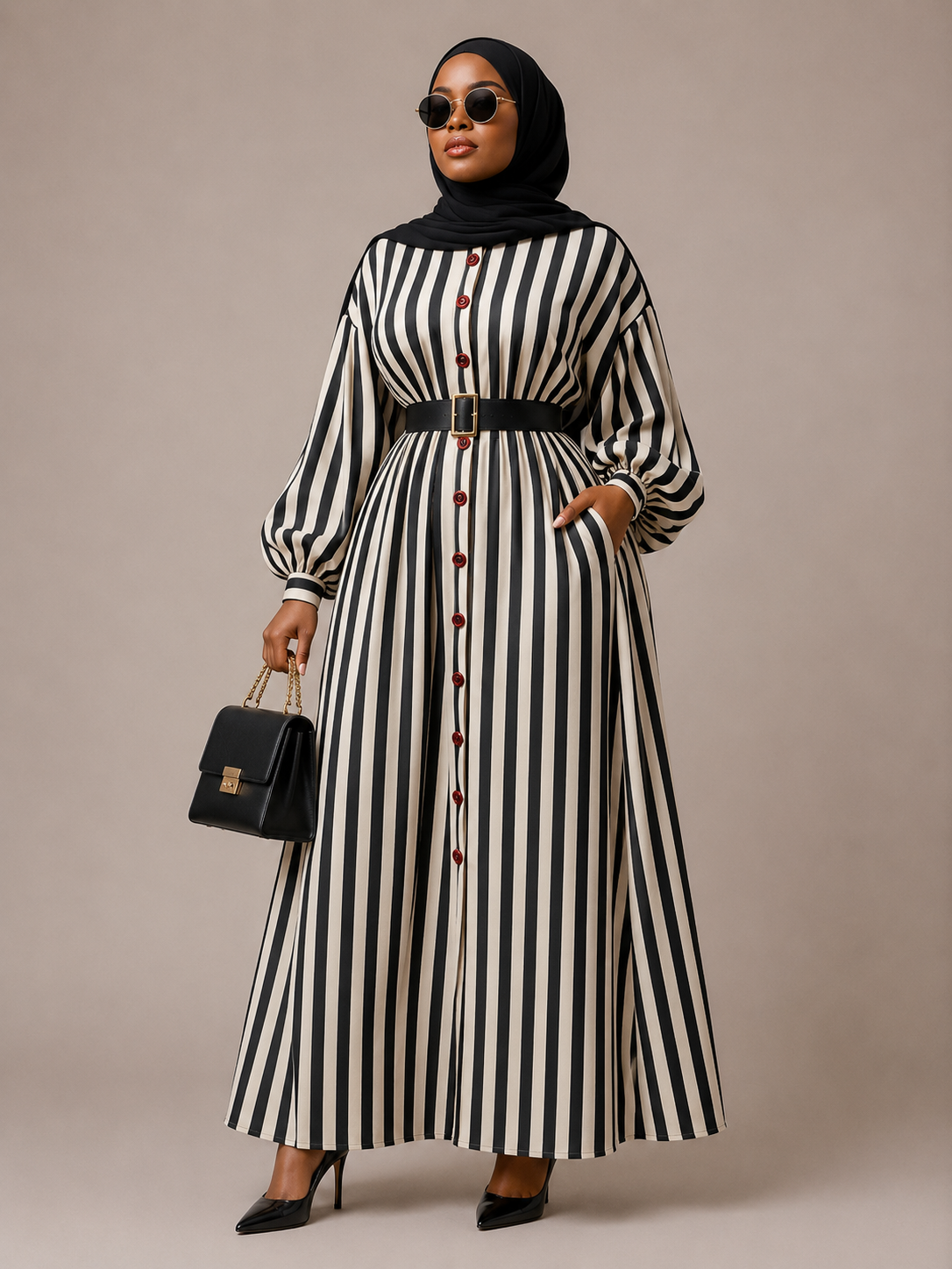 Black & White Belted Stripe Maxi Dress