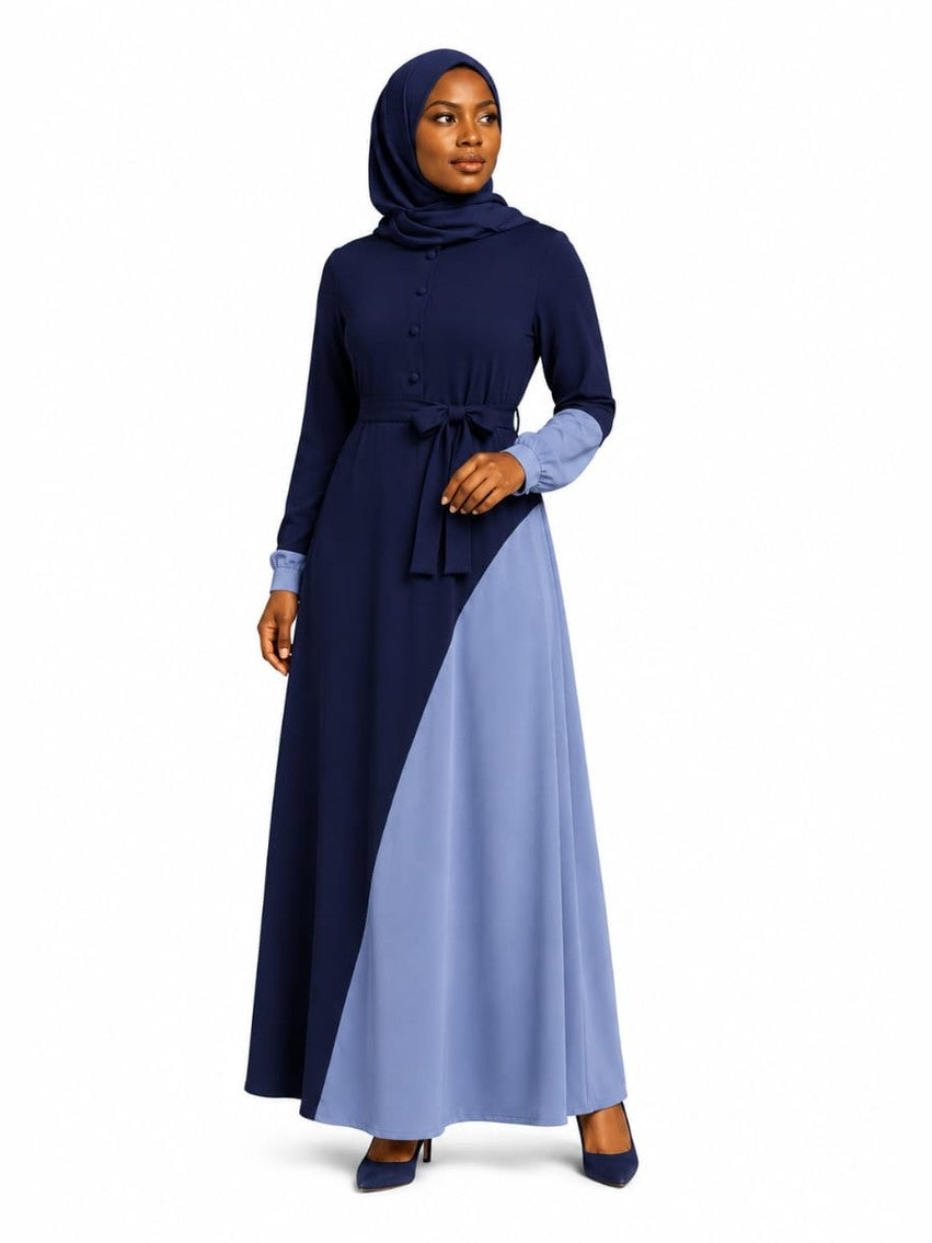 Colour-Block Belted A-Line Abaya Dress (Navy)