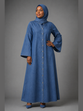 Wide-Sleeve Denim Button-Front Maxi Dress