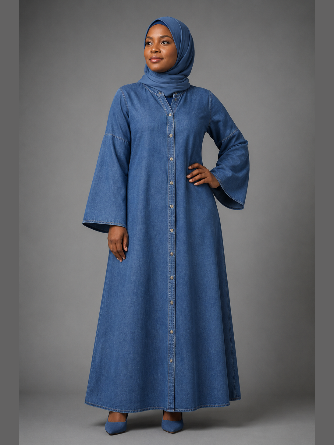 Wide-Sleeve Denim Button-Front Maxi Dress