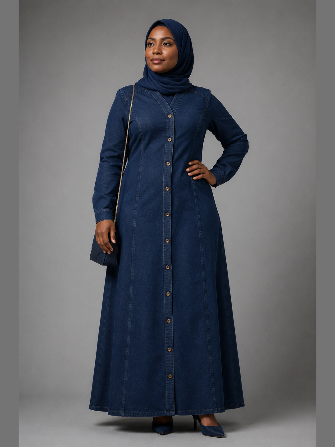 Dark Denim V-Neck Panel Maxi Dress