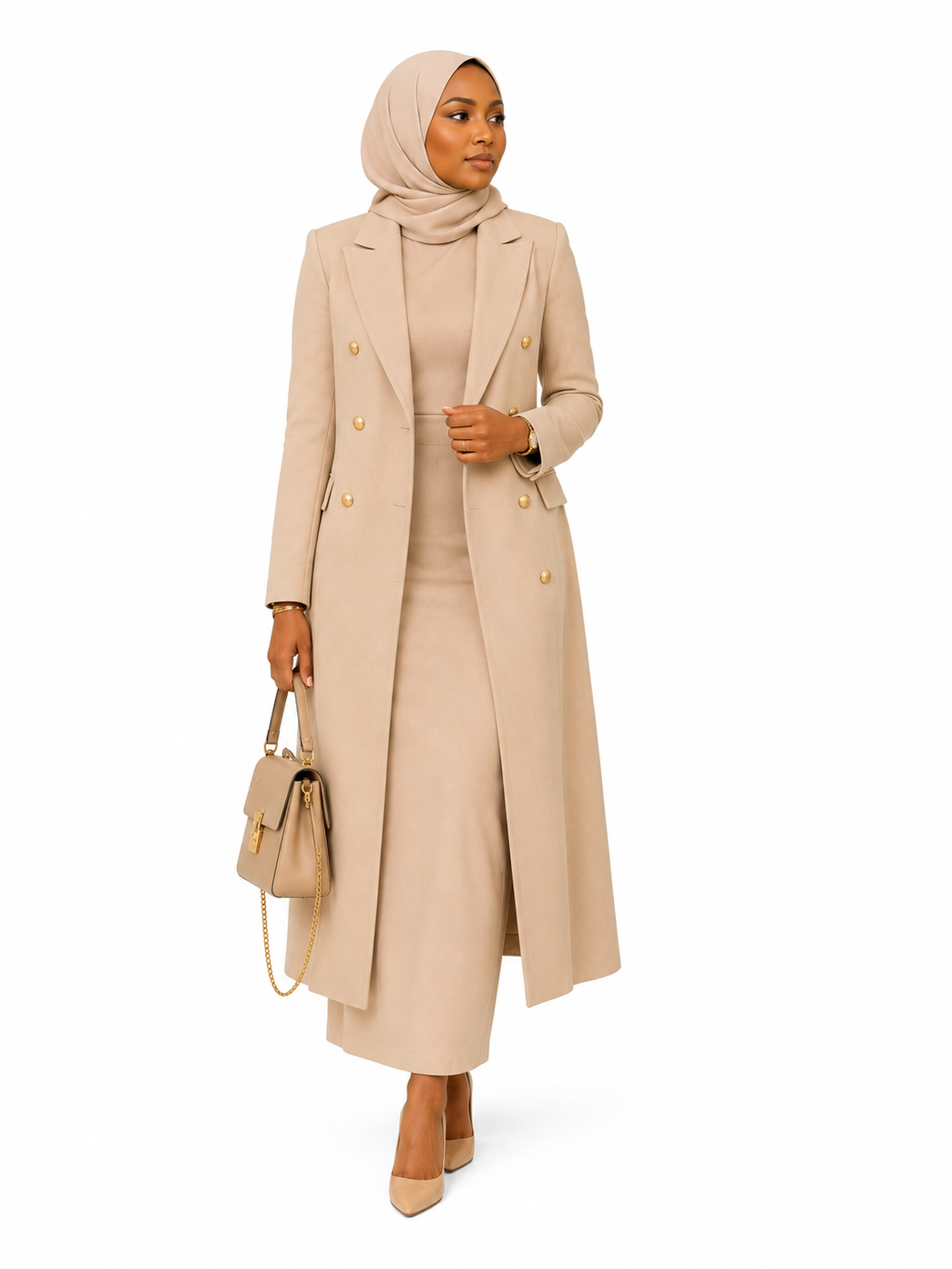 Long Double-Breasted Blazer Dress - Beige
