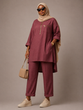 Burgundy Zip-Neck Tunic & Pants Set