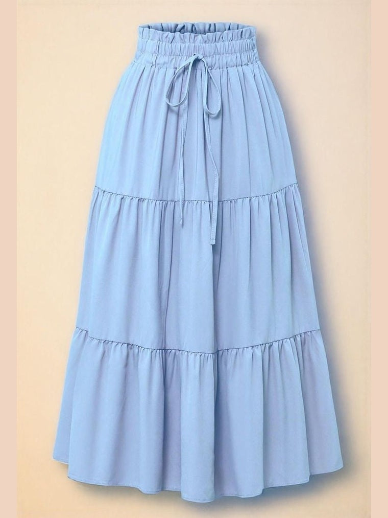 Light Blue Pleated Elastic Waist Vacation Skirt