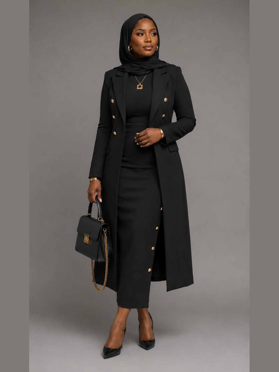 Long Double-Breasted Blazer with Skirt - Black