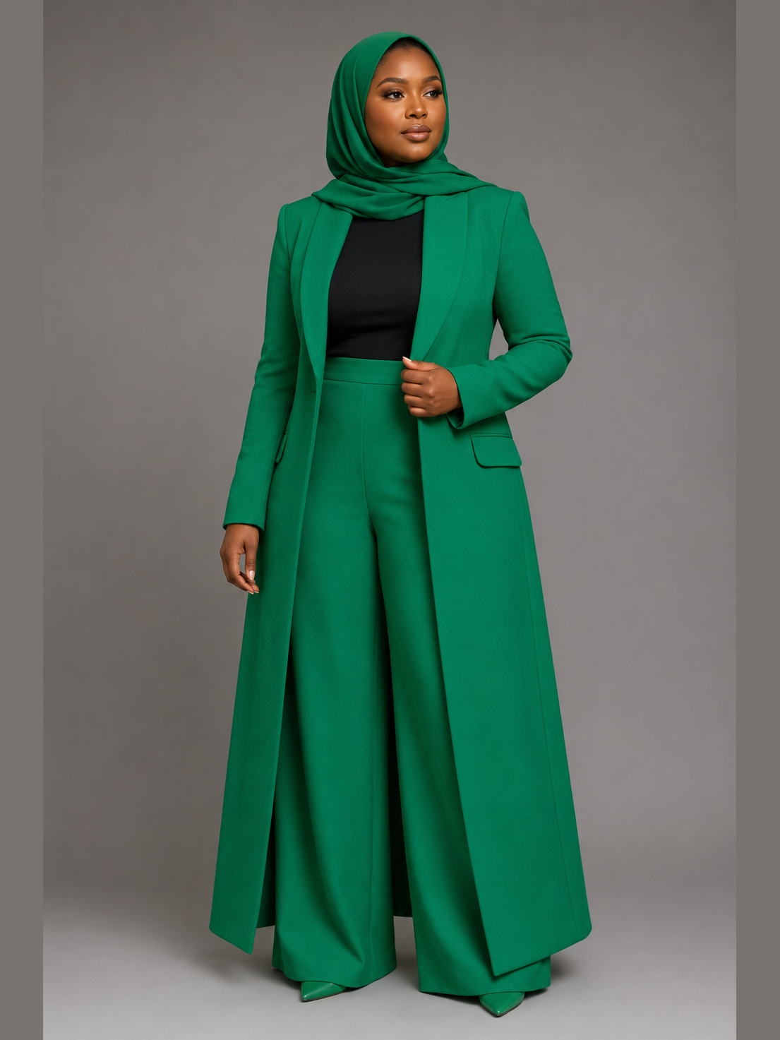Long Open-Front Top and Wide-Leg Pants - Emerald