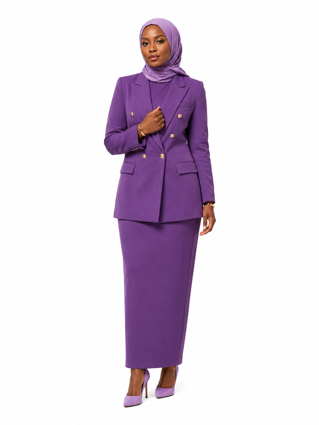 Double-Breasted Blazer with Straight Skirt - Purple