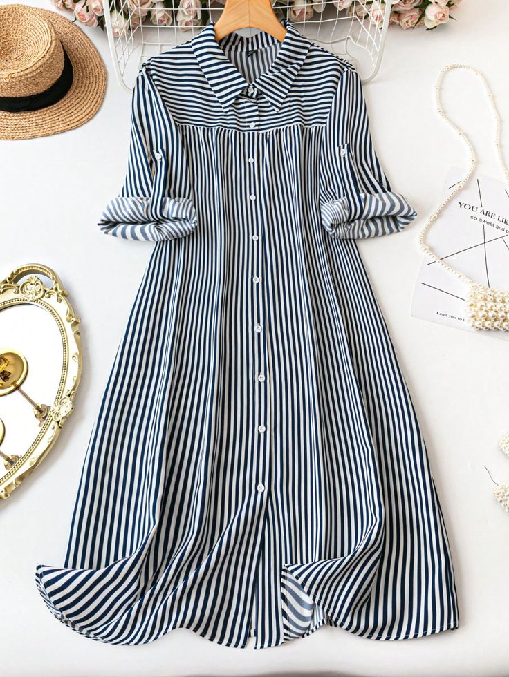 Striped Patchwork Roll Sleeve Shirt Dress 2