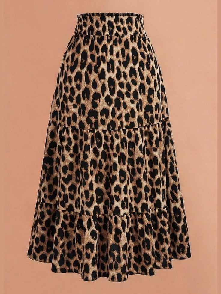 Plus Size Leopard Print Skirt With Floral Lace Trim