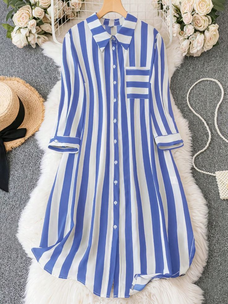 Plus Size Striped Button-Front Shirt With Pockets 2