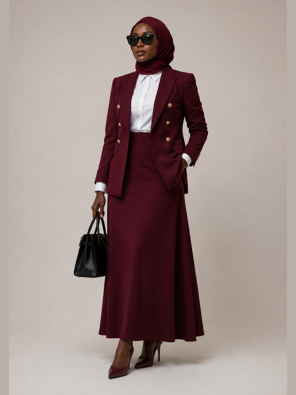 Double-Breasted Blazer with Skirt - Burgundy