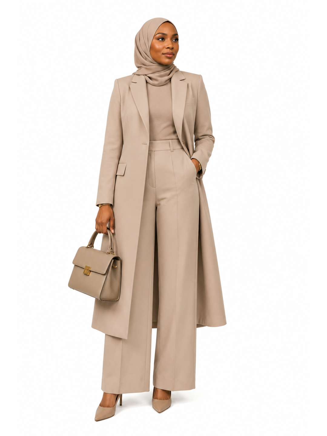 Long Open Blazer and Pants - Beige
