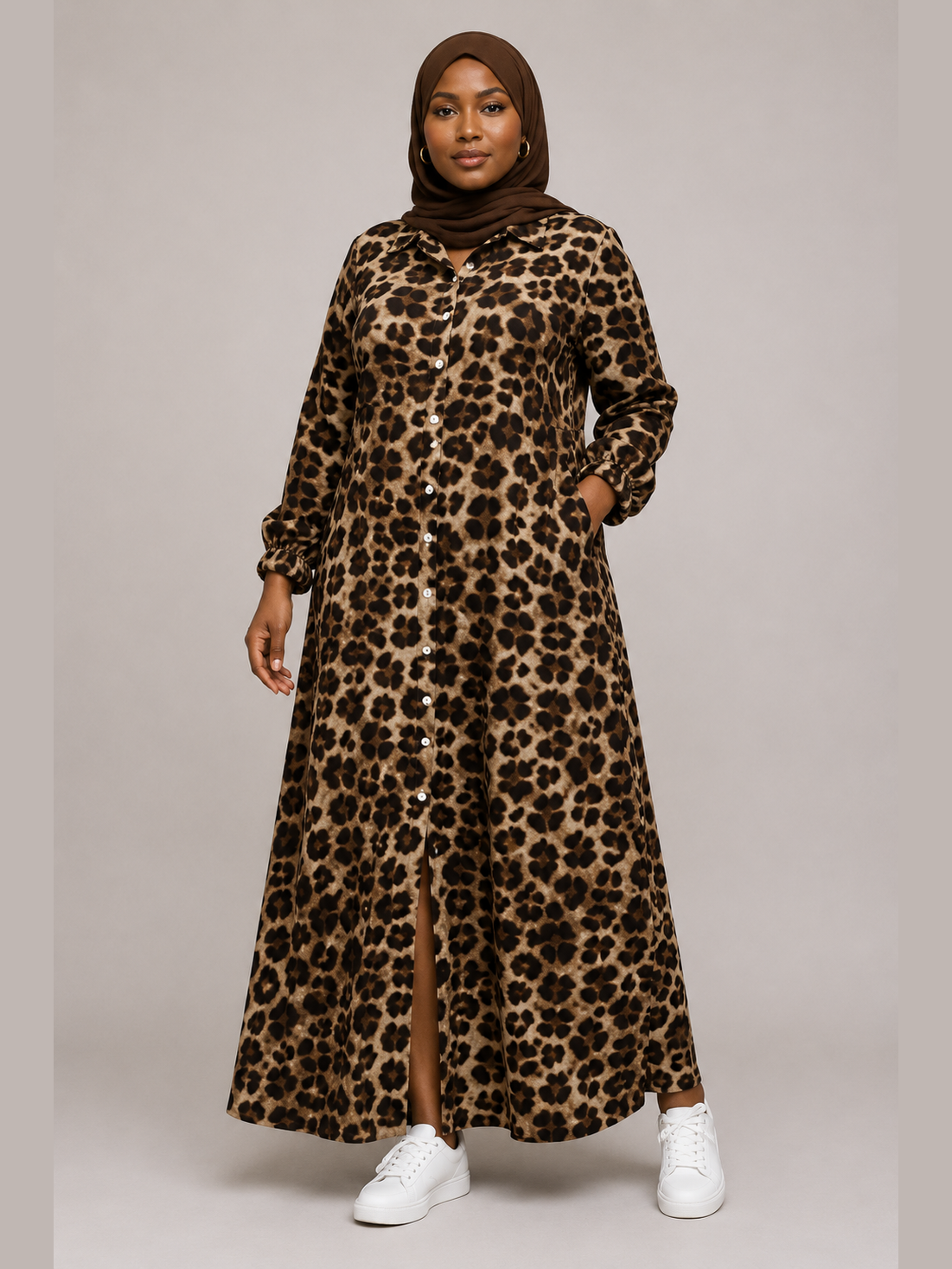 Leopard Print Button-Front Maxi Gown