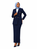 Double-Breasted Blazer with Straight Skirt - Navy