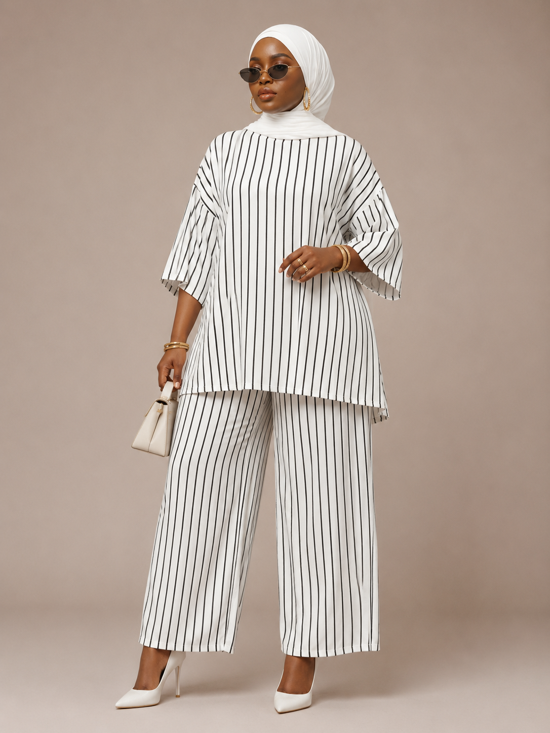 White Pinstripe Flutter-Sleeve Top & Pants Set