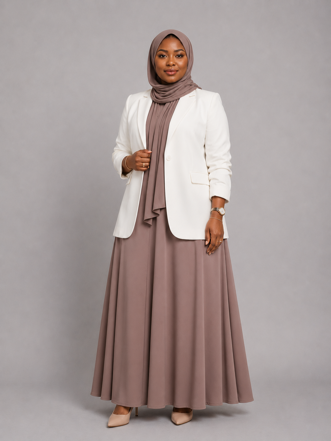 White Blazer with Maxi Dress - White / Taupe