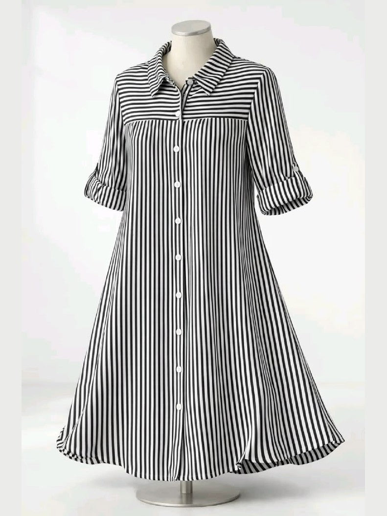 Sheetal Associates Black & White Vertical Striped Shirt Dress