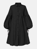 Solid Color Button Puff Sleeve Casual Dress