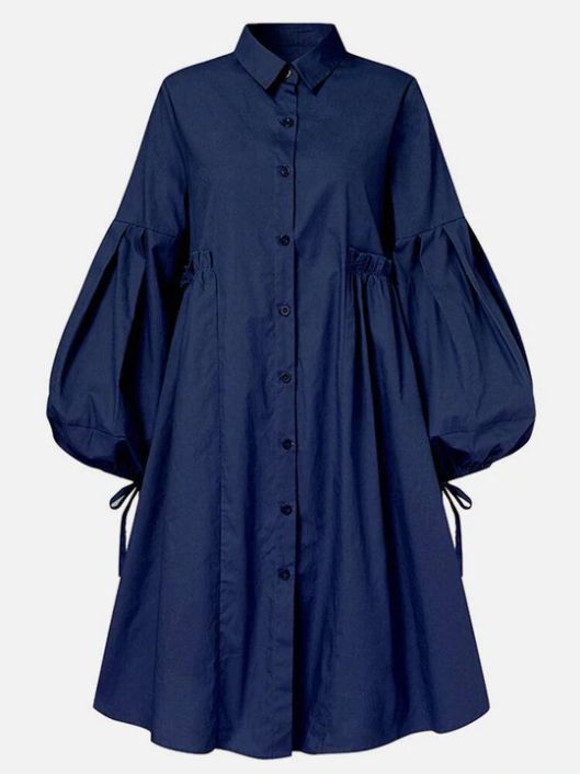 Solid Color Button Puff Sleeve Casual Dress 2