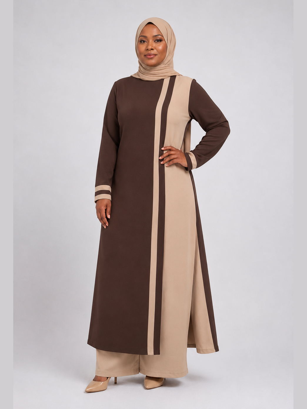 Asymmetric Tunic Top and Pants - Brown / Beige