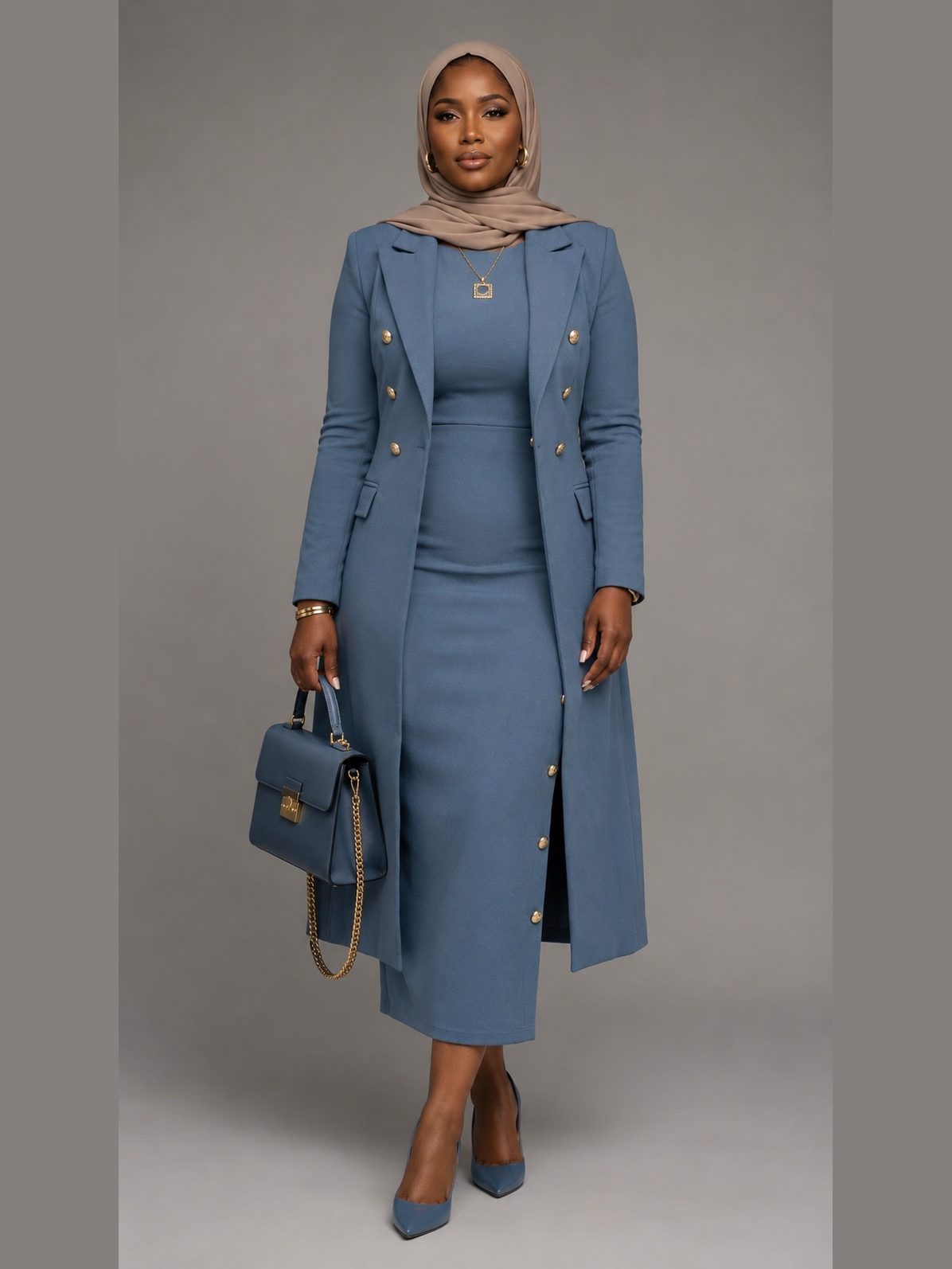 Long Double-Breasted Blazer with Skirt - Dusty Blue