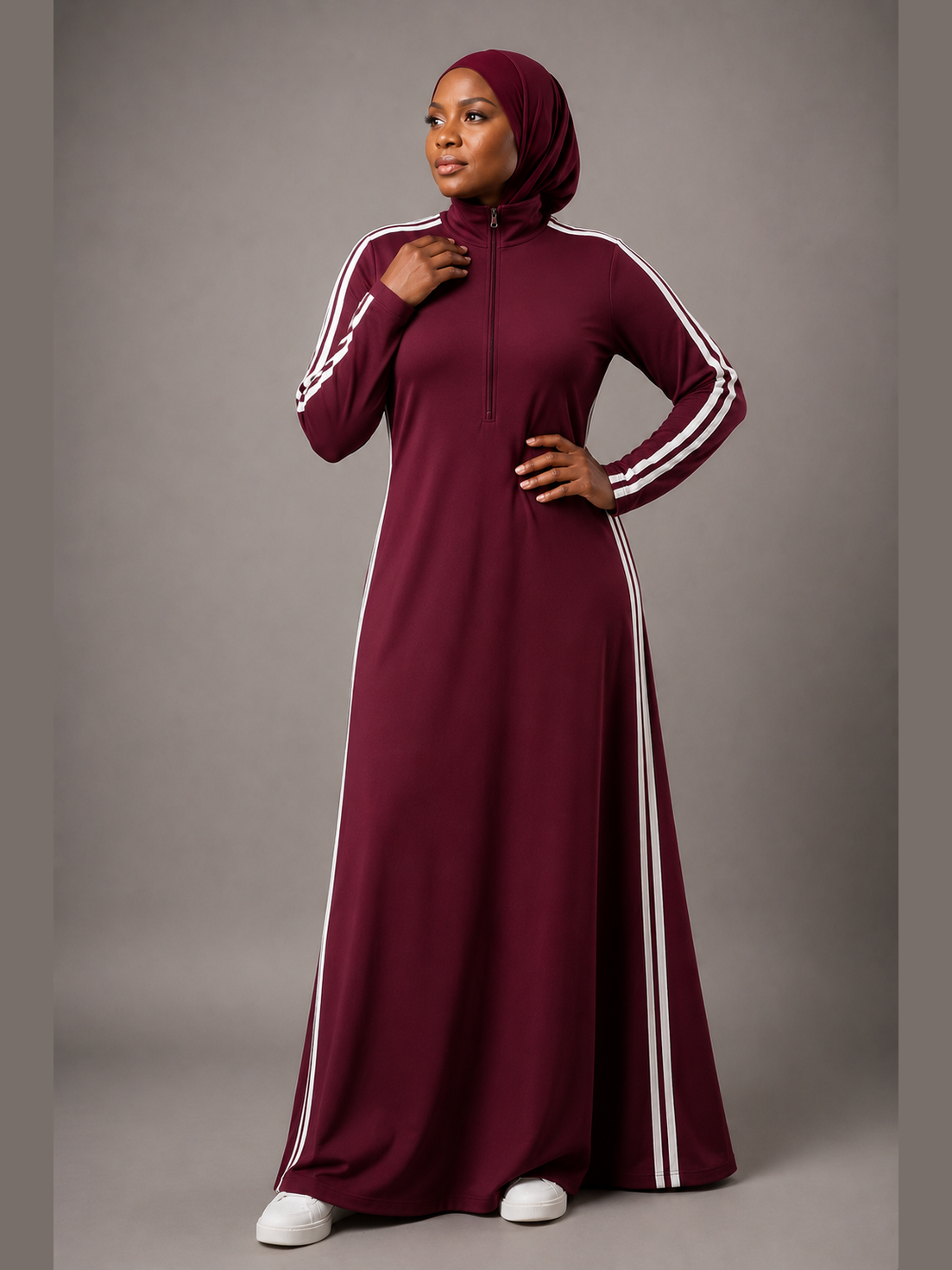 Sporty Zip-Neck Maxi Dress - Burgundy