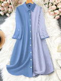 Striped Patchwork Roll Sleeve Shirt Dress