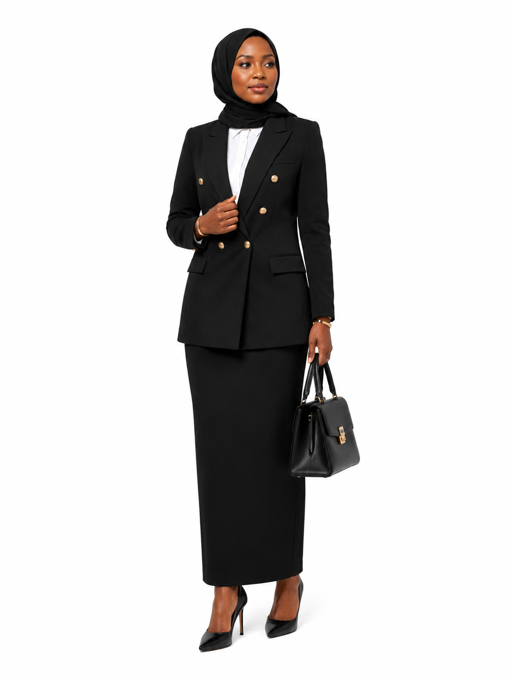 Double-Breasted Blazer with Straight Skirt - Black