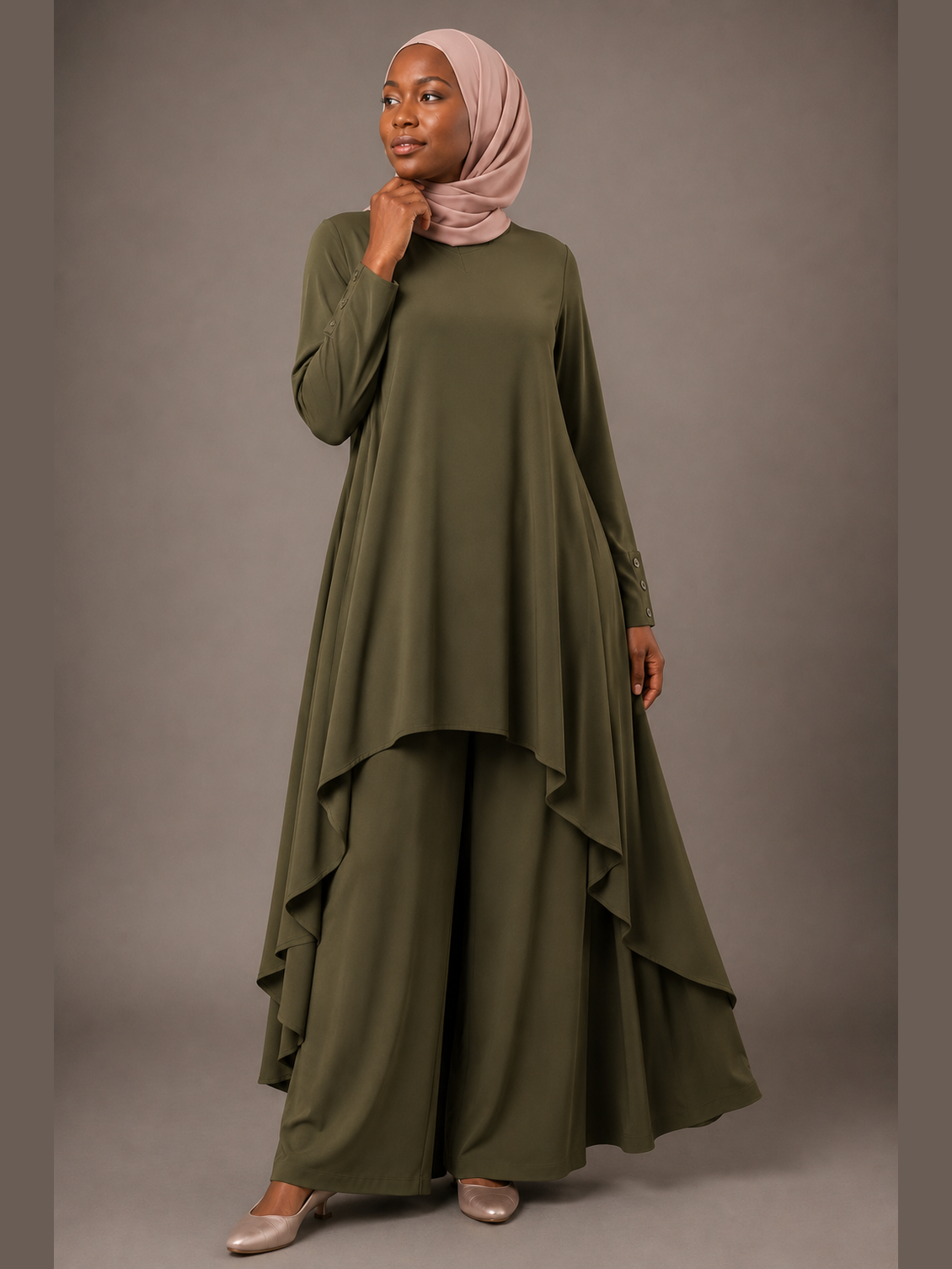 Flowing High-Low Top and Palazzo Pants - Olive