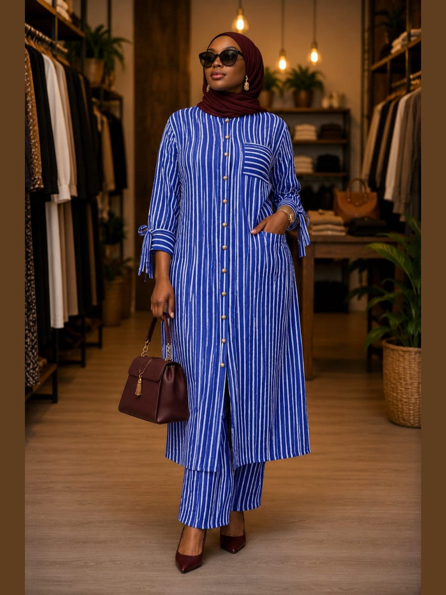 Striped Shirt Dress with Tie Cuffs - Black