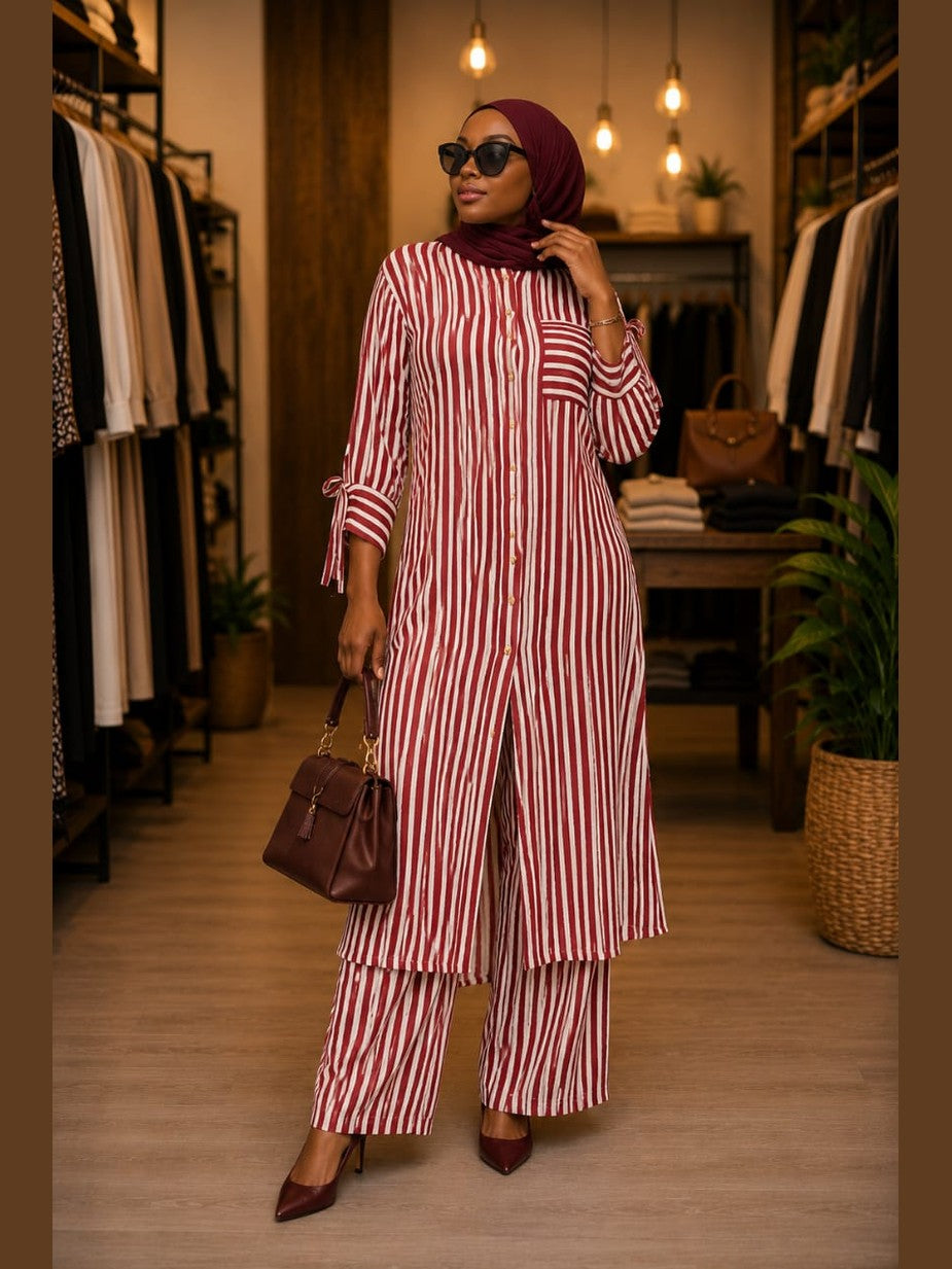 Striped Shirt Dress with Tie Cuffs - Blue