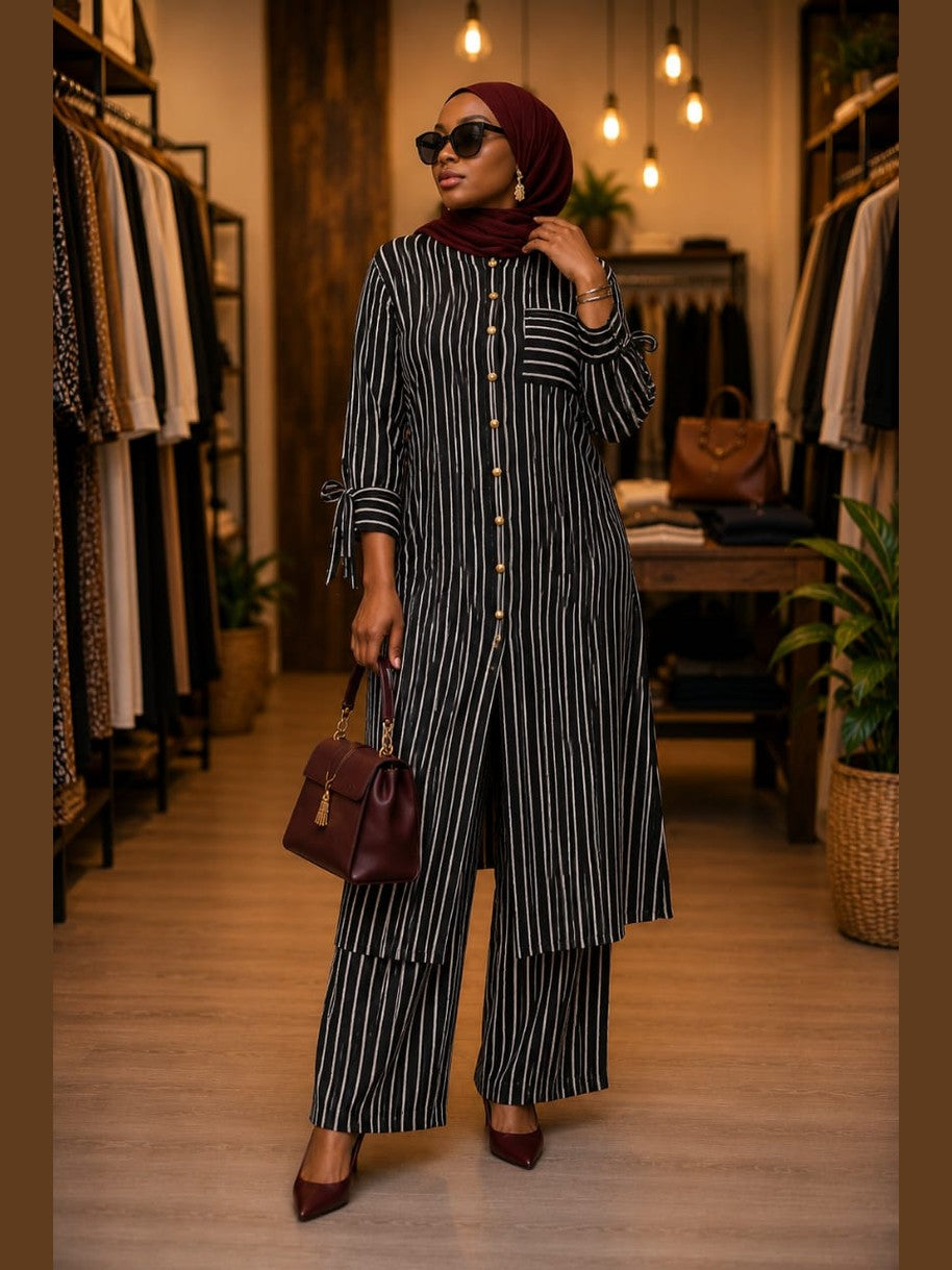 Striped Shirt Dress with Tie Cuffs - Burgundy