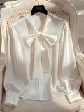 Women's Solid Button Up Tie Neck Blouse