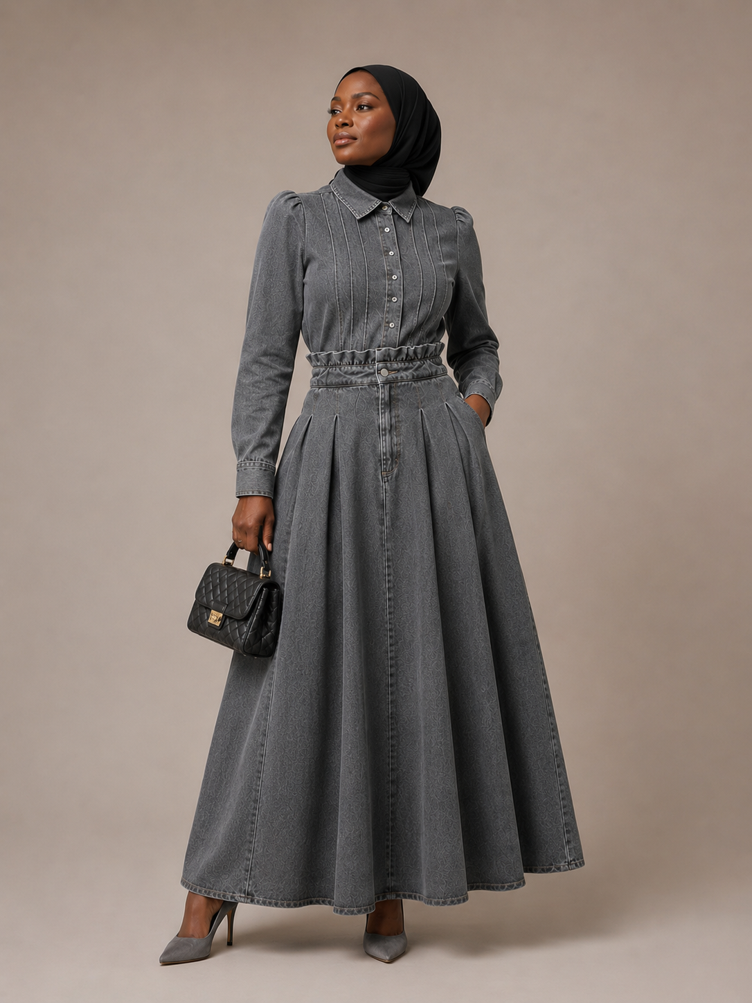 Button-Front Maxi Dress - Grey